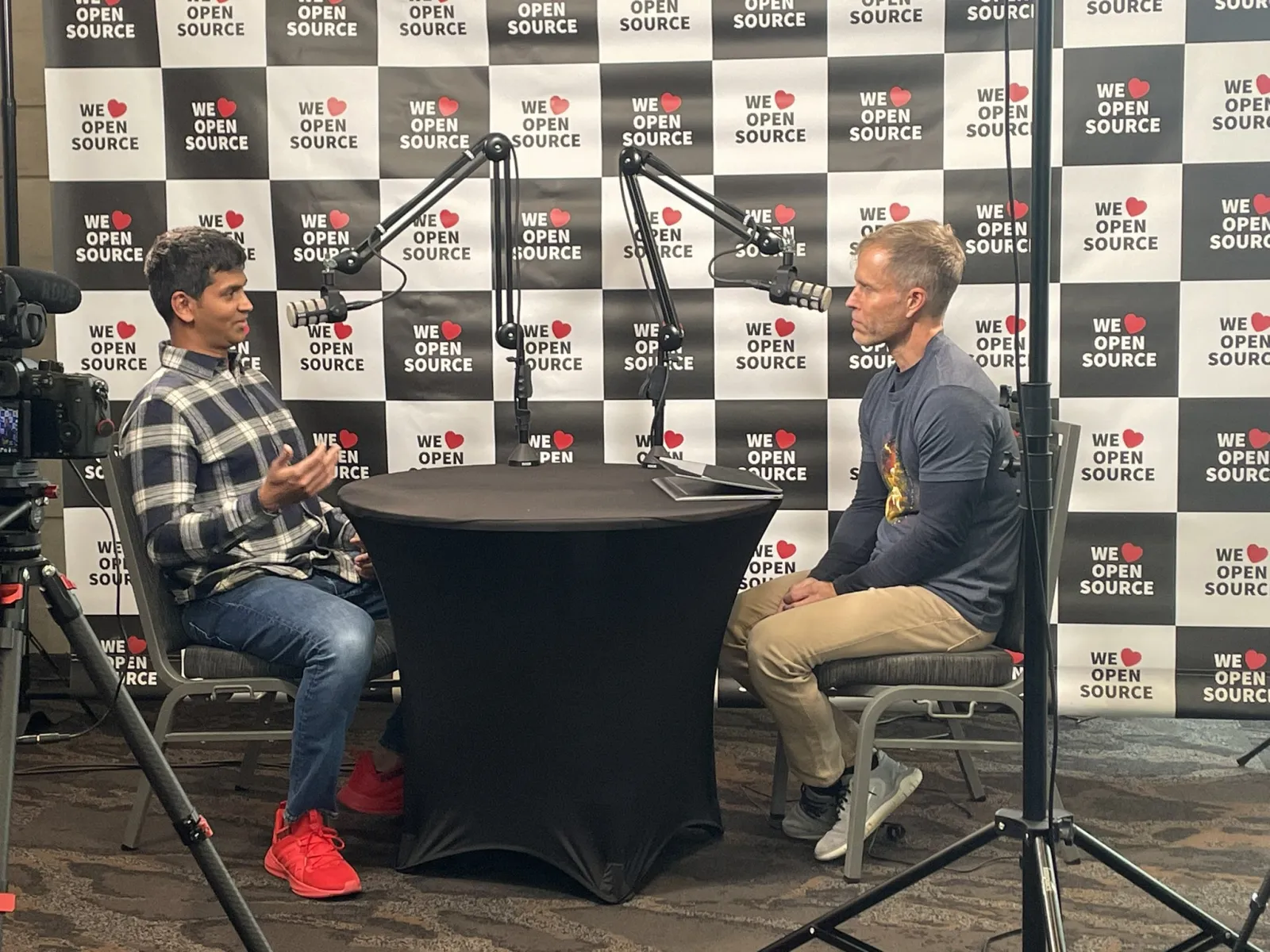 Avindra Fernando in conversation at two mics on the We ❤ Open Source podcast set